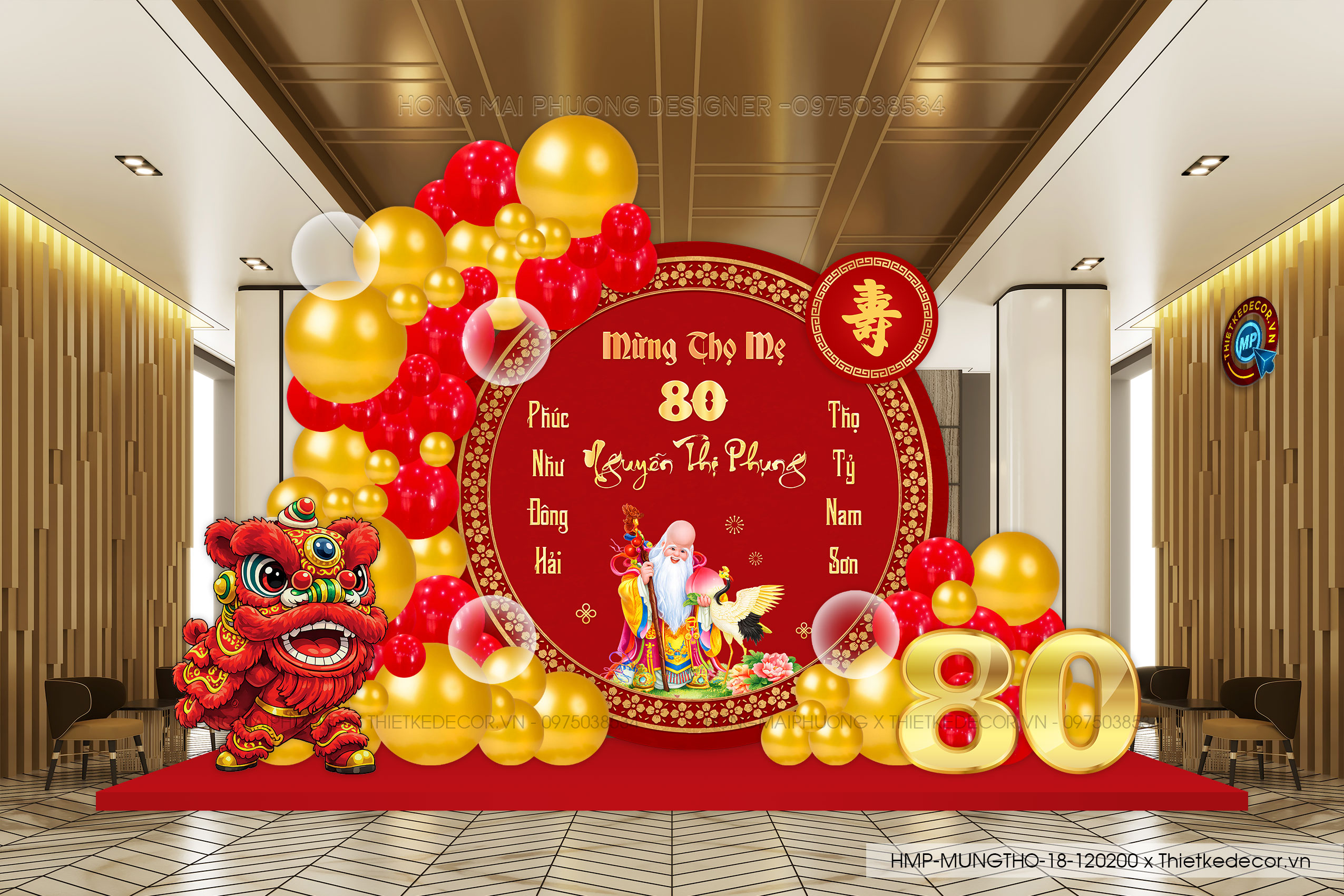 File thiết kế trang trí tiệc mừng thọ tone đỏ - vàng sang trọng